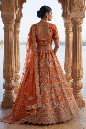 Orange Silk Sequin with Embroidered Lehenga