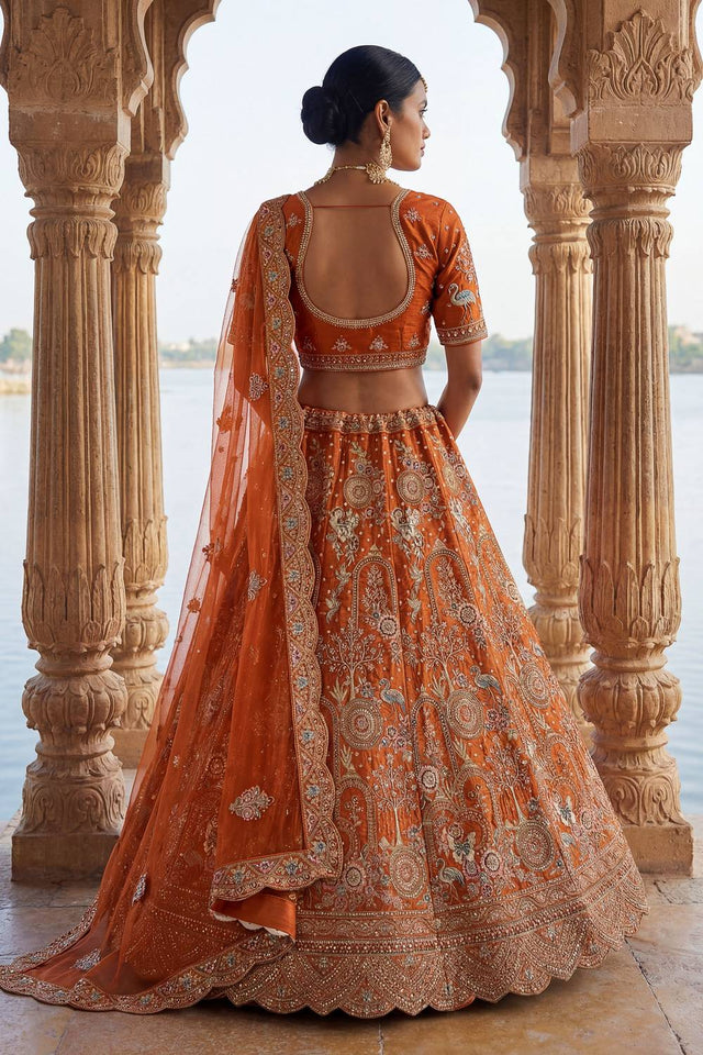 Orange Silk Sequin with Embroidered Lehenga