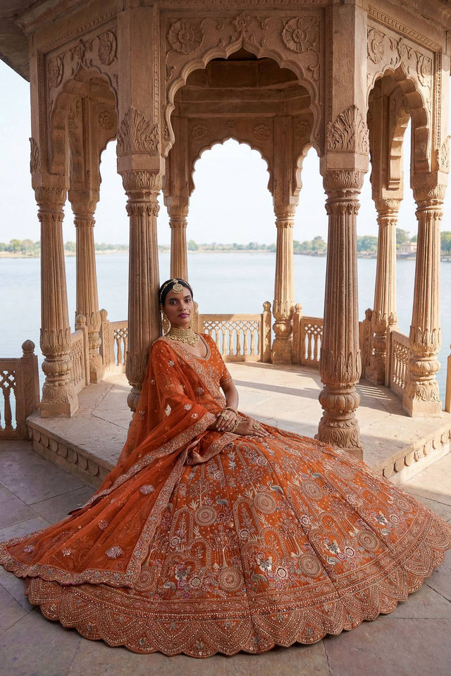 Orange Silk Sequin with Embroidered Lehenga