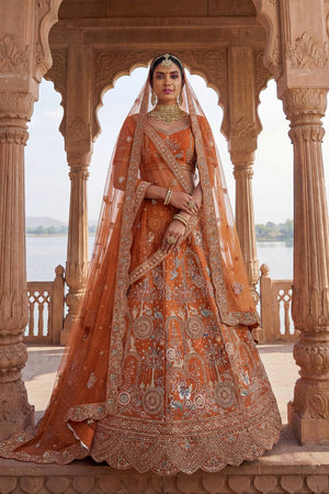 Orange Silk Sequin with Embroidered Lehenga