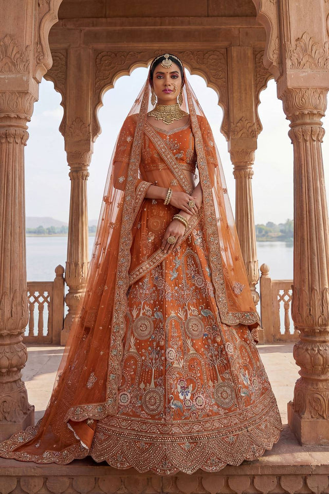 Orange Silk Sequin with Embroidered Lehenga
