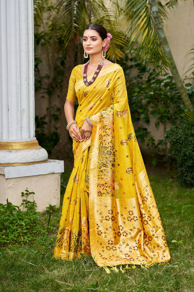 Yellow Cotton Woven Saree