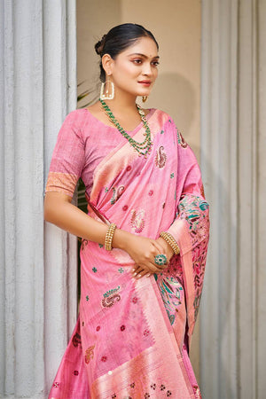 Pink Cotton Woven Saree