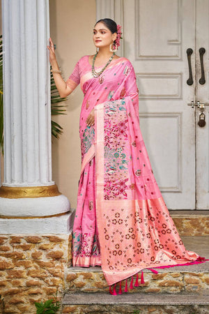 Pink Cotton Woven Saree