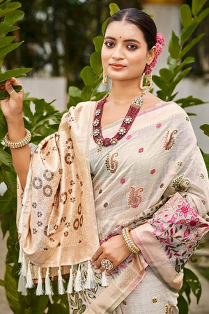 Off White Cotton Woven Saree