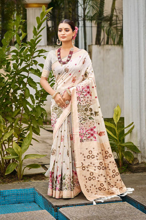 Off White Cotton Woven Saree