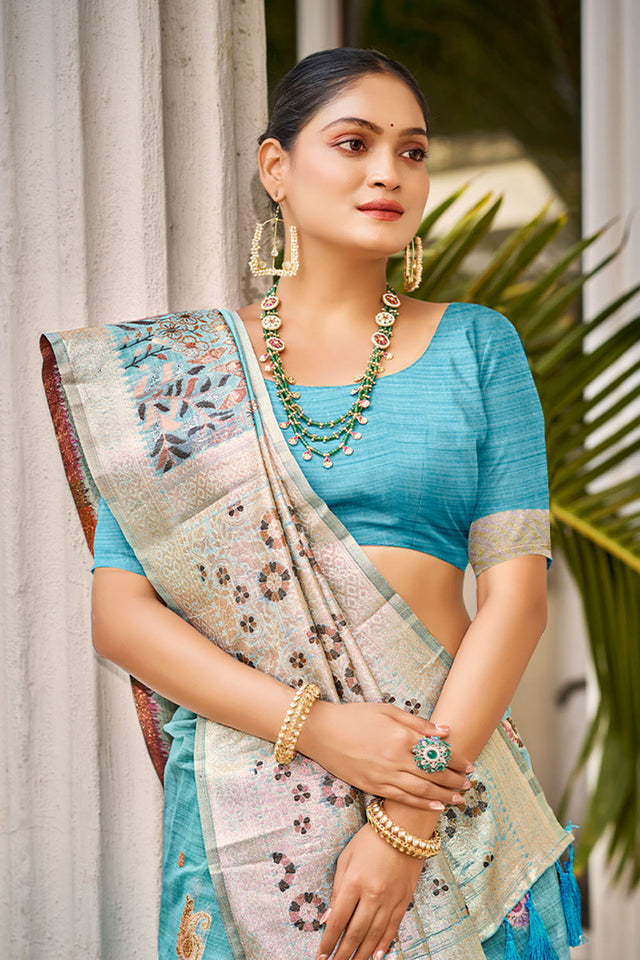 Blue Cotton Woven Saree