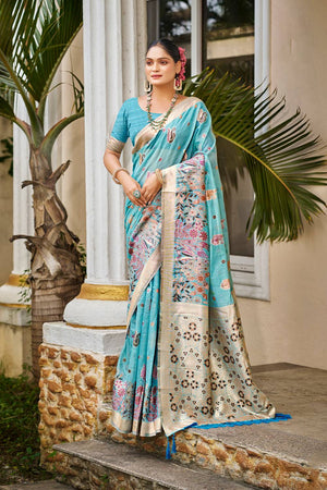 Blue Cotton Woven Saree