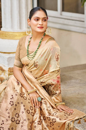 Beige Cotton Woven Saree