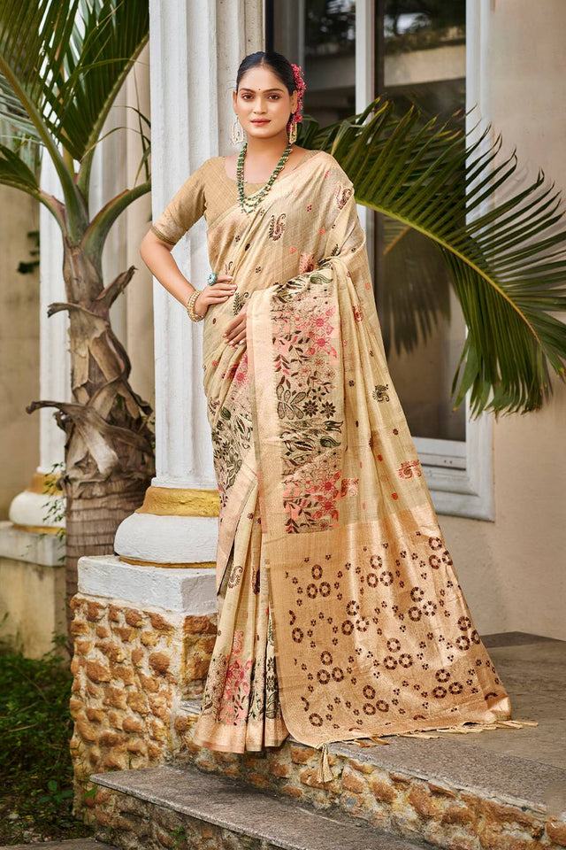 Beige Cotton Woven Saree