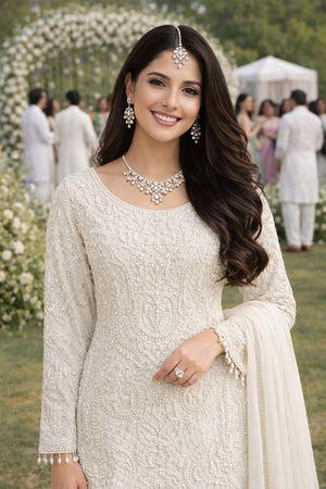 Off White Georgette Embroidered Kurti Pant Set