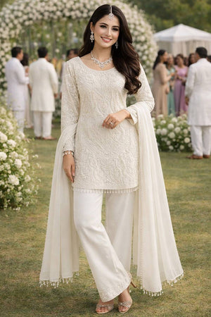 Off White Georgette Embroidered Kurti Pant Set