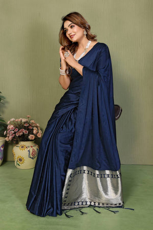 Blue Satin Woven Saree