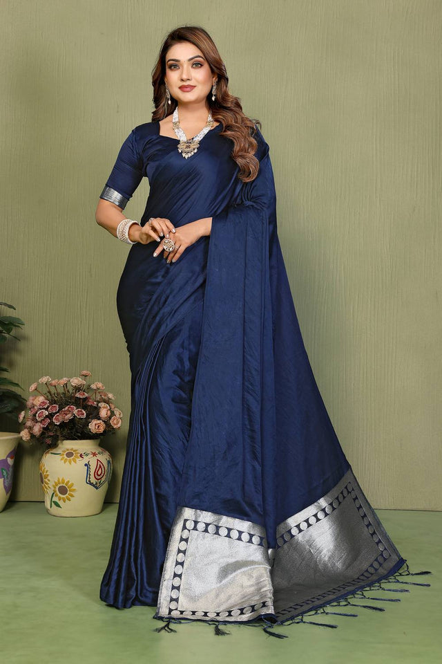 Blue Satin Woven Saree