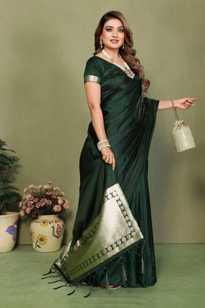 Green Satin Woven Saree