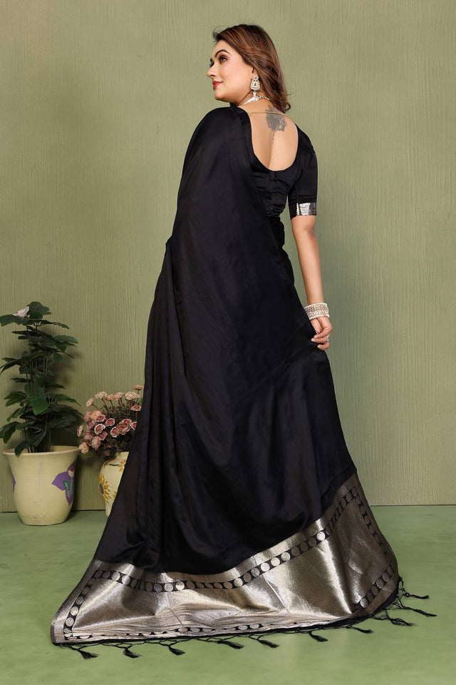 Black Satin Woven Saree