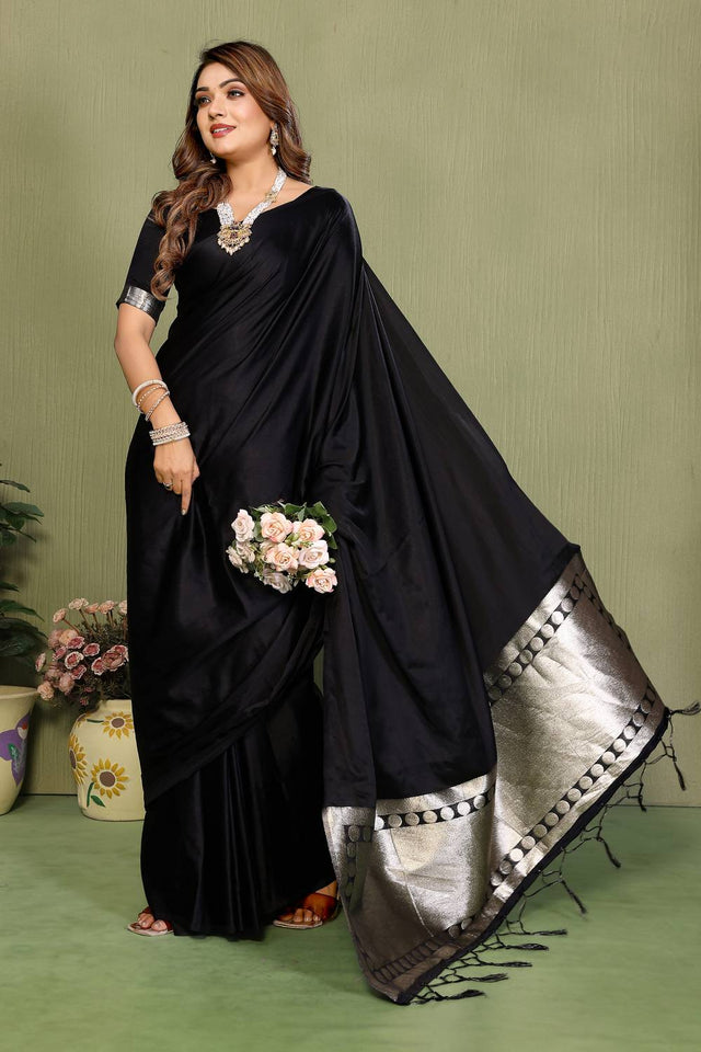 Black Satin Woven Saree