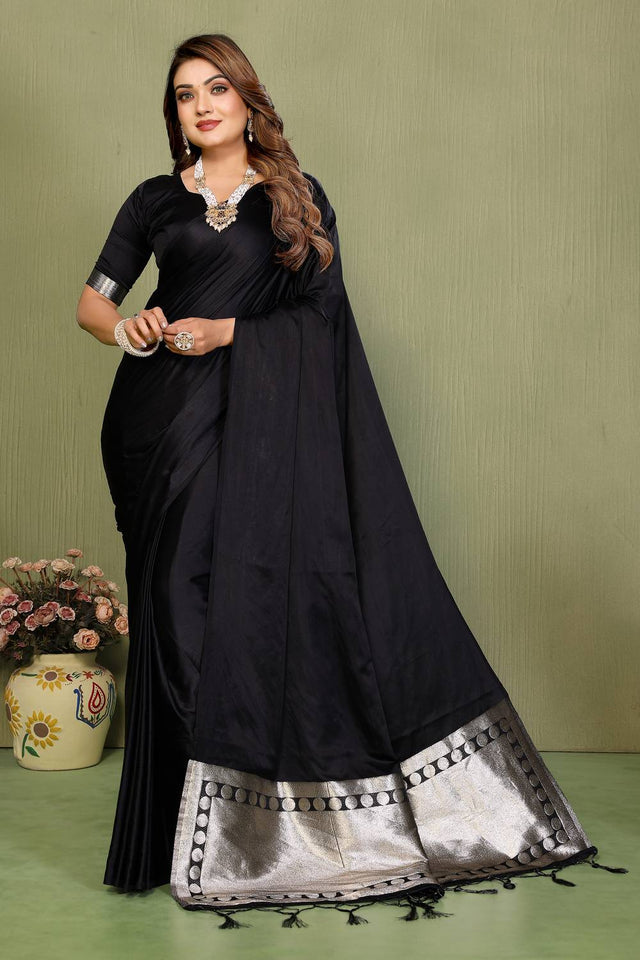 Black Satin Woven Saree
