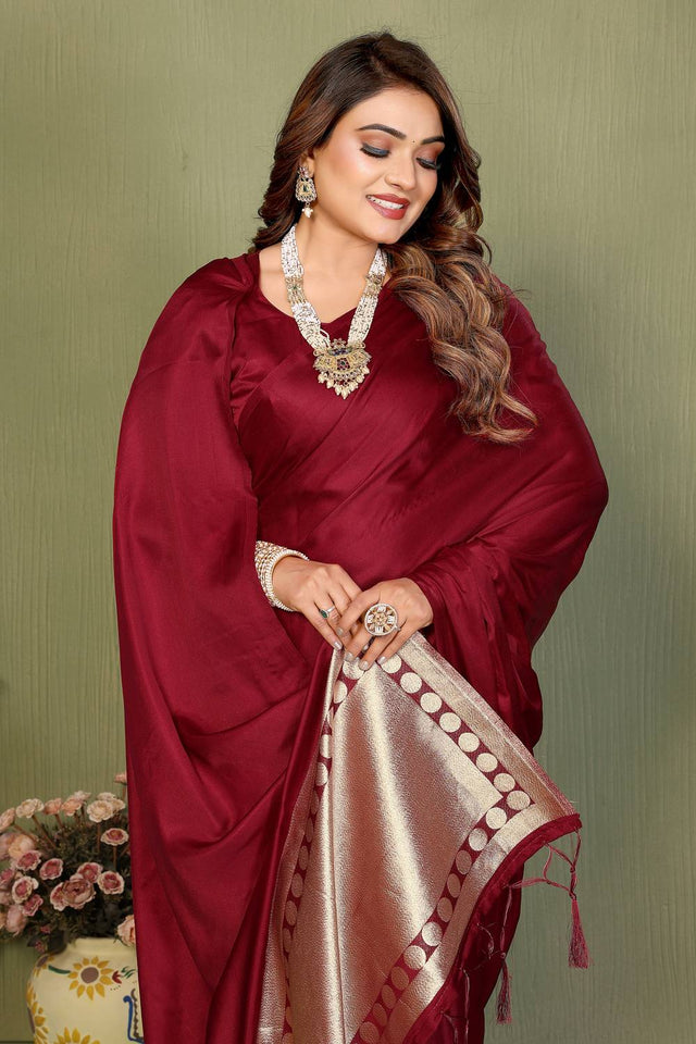 Maroon Satin Woven Saree