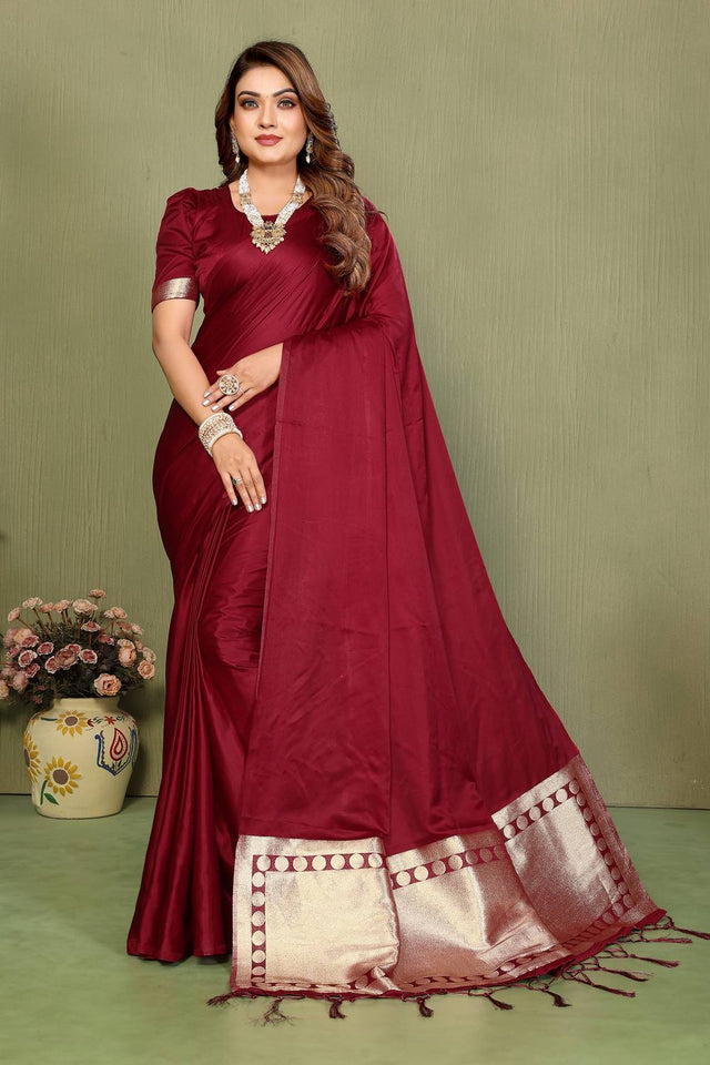 Maroon Satin Woven Saree