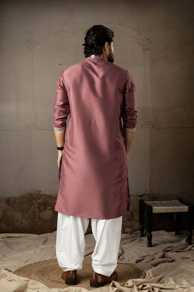 Men's Wine Embroidered Silk Kurta Sets