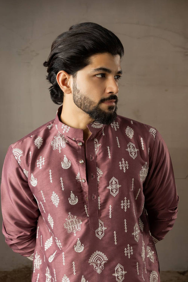Men's Wine Embroidered Silk Kurta Sets