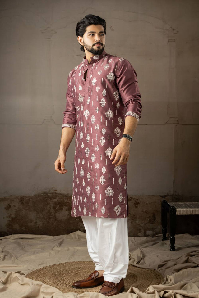 Men's Wine Embroidered Silk Kurta Sets