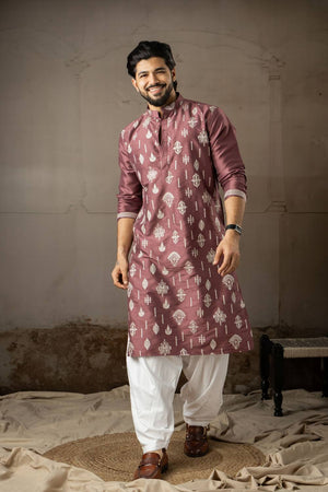 Men's Wine Embroidered Silk Kurta Sets