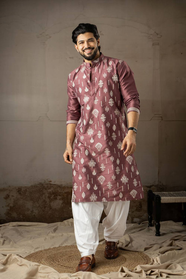 Men's Wine Embroidered Silk Kurta Sets