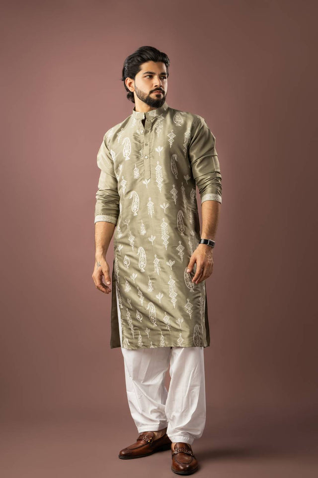 Men's Olive Green Embroidered Silk Kurta Sets