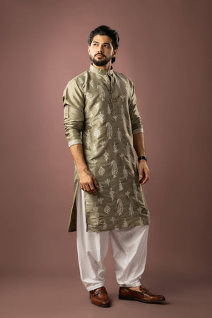 Men's Olive Green Embroidered Silk Kurta Sets