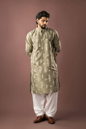 Men's Olive Green Embroidered Silk Kurta Sets