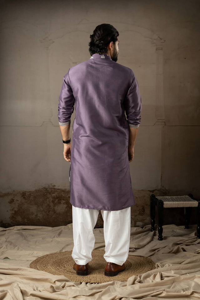 Men's Violet Embroidered Silk Kurta Sets