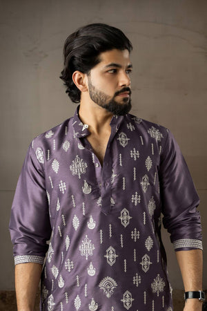 Men's Violet Embroidered Silk Kurta Sets