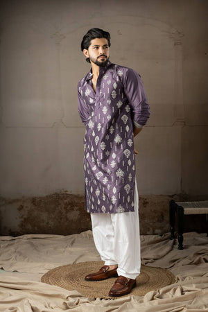 Men's Violet Embroidered Silk Kurta Sets