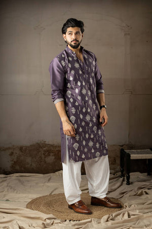 Men's Violet Embroidered Silk Kurta Sets