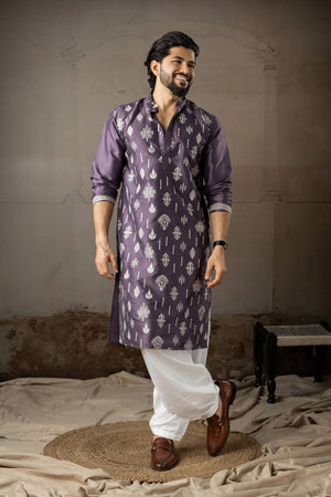 Men's Violet Embroidered Silk Kurta Sets