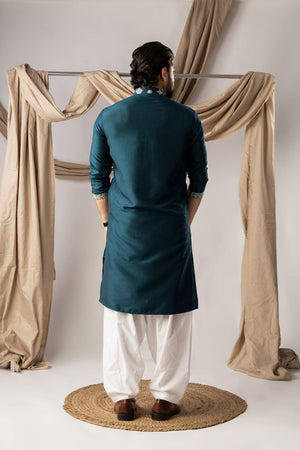 Men's Turquoise Embroidered Silk Kurta Sets