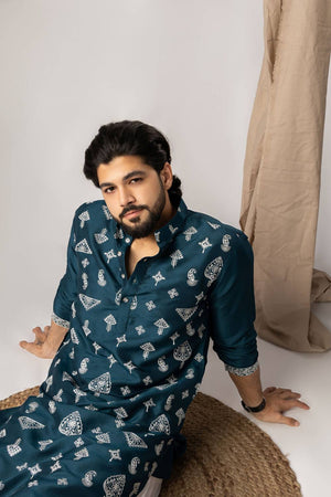 Men's Turquoise Embroidered Silk Kurta Sets