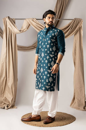 Men's Turquoise Embroidered Silk Kurta Sets