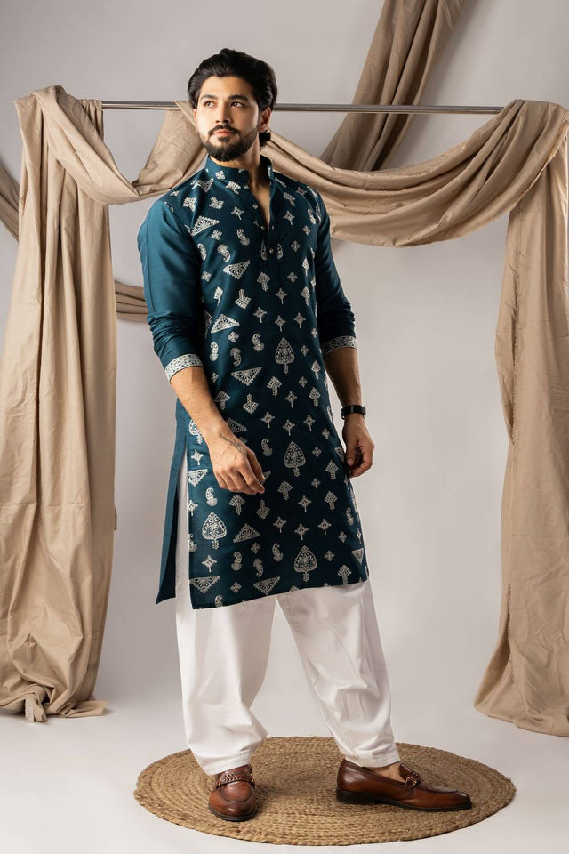 Men's Turquoise Embroidered Silk Kurta Sets