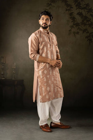 Men's Brown Embroidered Silk Kurta Sets