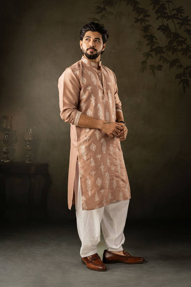 Men's Brown Embroidered Silk Kurta Sets