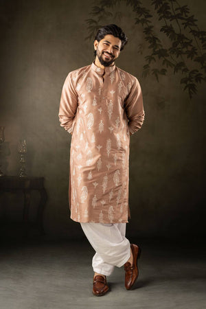Men's Brown Embroidered Silk Kurta Sets