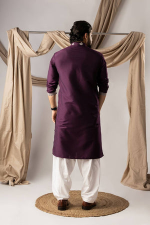 Men's Purple Embroidered Silk Kurta Sets