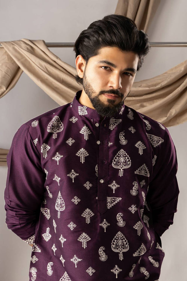 Men's Purple Embroidered Silk Kurta Sets