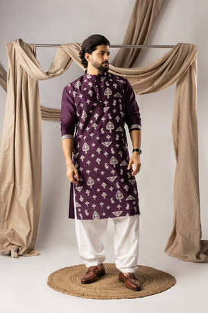 Men's Purple Embroidered Silk Kurta Sets