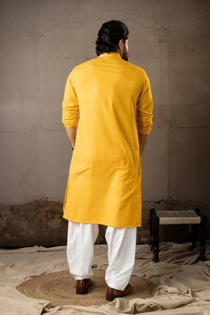 Men's Mustard Embroidered Linen Kurta Sets