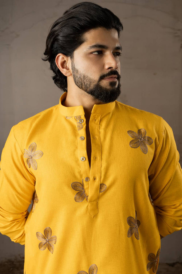 Men's Mustard Embroidered Linen Kurta Sets