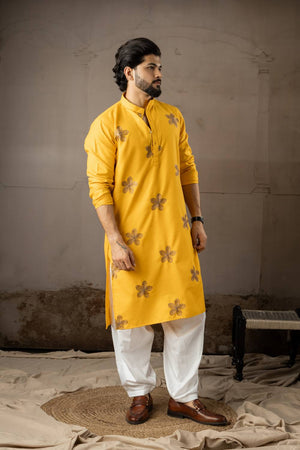Men's Mustard Embroidered Linen Kurta Sets